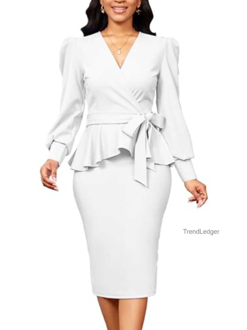 Peplum Pencil Dress Long Sleeve Ruched Waist Knee Length Formal Cocktail